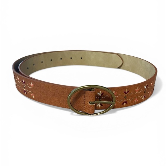 Embroidered Brown Leather Belt with Brass Oval Buckle